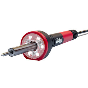 red and black 30 watt soldering iron with LED halo ring, pointed soldering tip, and black power cable red and black 30 watt soldering iron with LED halo ring, pointed soldering tip, and black power cable