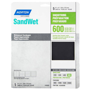 package of 5 norton sandwet sandpaper sheets with 600 grit in 9" x 11" size