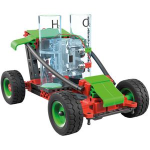 completed project of fishertechnik h2 fuel cell car kit with h2 and o2 cylinders, green and red frame