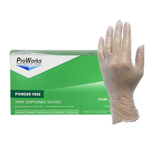 green box of Adenna ProWorks Clear Vinyl Latex-free Lightly Powdered Gloves in size large next to hand green box of Adenna ProWorks Clear Vinyl Latex-free Lightly Powdered Gloves in size large next to hand