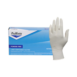 blue box of Adenna ProWorks Natural Latex Powder-free Gloves in size large next to hand wearing glove blue box of Adenna ProWorks Natural Latex Powder-free Gloves in size large next to hand wearing glove