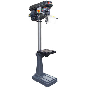 floor model drill press with machined table, sturdy cast base surface, frequency inverter, and more