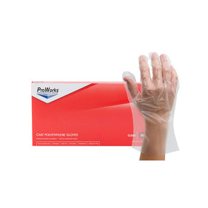 red cardboard box of Adenna ProWorks Cast Polyethylene Gloves in size large next to hand wearing glove red cardboard box of Adenna ProWorks Cast Polyethylene Gloves in size large next to hand wearing glove