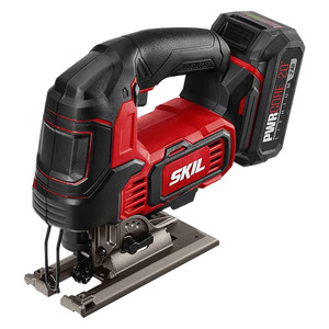 red and black cordless skil jig saw with 20v brushless motor, 2.0ah lithium battery and charger red and black cordless skil jig saw with 20v brushless motor, 2.0ah lithium battery and charger