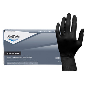 box of 100 proworks powder free black nitrile examination gloves next to medium hand model box of 100 proworks powder free black nitrile examination gloves next to medium hand model