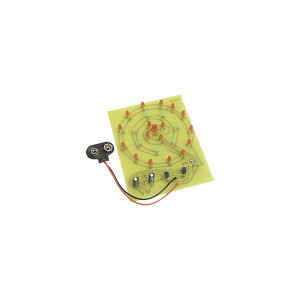 completed project of Chaney Fireworks Kit with red and green LED lights on yellow circuit board completed project of Chaney Fireworks Kit with red and green LED lights on yellow circuit board