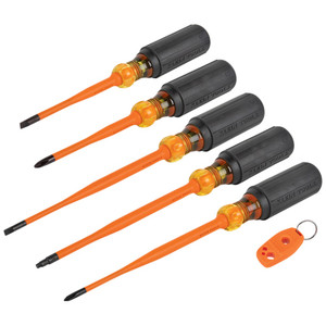 set of 5 klein screwdrivers with insulated orange coating aligned diagonally next to orange magnetizer set of 5 klein screwdrivers with insulated orange coating aligned diagonally next to orange magnetizer