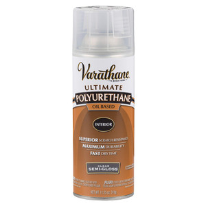 11.25 ounce aerosol spray can of varathane polyurethane oil-based wood finish with semi-gloss shine 11.25 ounce aerosol spray can of varathane polyurethane oil-based wood finish with semi-gloss shine
