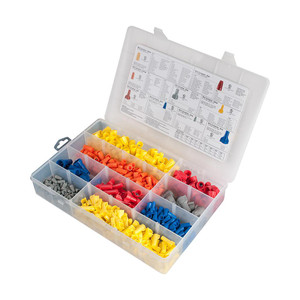 clear plastic storage case with segments for 570 straight and winged wire connectors for copper wire