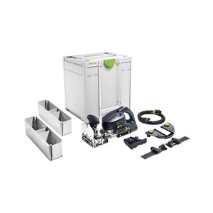 Festool DOMINO XL joiner with all included pieces: support bracket, trim stop, cross stop, dowel box and more