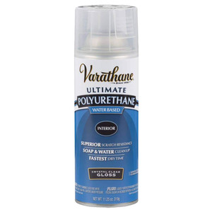 11.25 ounce aerosol can of clear, glossy water-based spray paint for use on indoor wood pieces 11.25 ounce aerosol can of clear, glossy water-based spray paint for use on indoor wood pieces