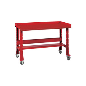 ShureShop Mobile Workbench with red painted Steel Top is 48" long and has adjustable height legs ShureShop Mobile Workbench with red painted Steel Top is 48" long and has adjustable height legs