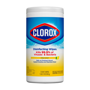 1 pound 3.7 ounce plastic container holds 75 sheets of bleach-free clorox disinfecting wet wipes