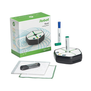 Root Robotics Root RT1 Coding Robot with two whiteboards, two markers, charging cable, and product box