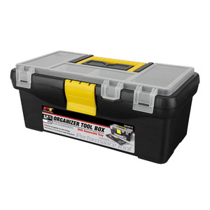 black durable plastic tool box with gray lid with interior separators and yellow latch and handle black durable plastic tool box with gray lid with interior separators and yellow latch and handle
