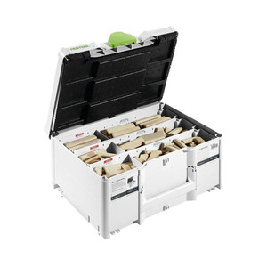 systainer case with open lid to reveal three removeable storage compartments containing assorted tenons systainer case with open lid to reveal three removeable storage compartments containing assorted tenons