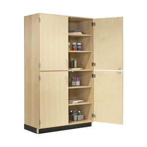 36" maple storage cabinet with 4 locking doors, 2 fixed shelves in middle and bottom, and 4 adjustable shelves
