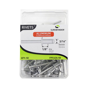 Surebonder Blind Aluminum Rivets, 3/16" dia., 1/8" grip range, 50/pkg.