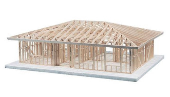 completed project of 1-Story Hip Roof House Framing Kit with bedrooms, bathroom, kitchen, dining, and more