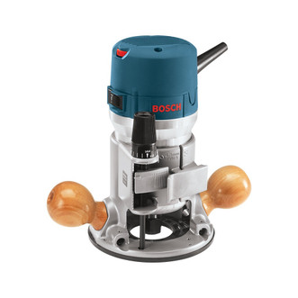 blue and silver Bosch 2-1/4 HP, 12 amp Standard Handle Fixed Base Router with adjustable sub-base