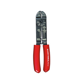 Klein 6-in-1 Stripper Cutter Shears bolts, measures stud sizes, cuts and strips wire, gauges wire sizes and crimps insulated terminals. Cuts bolt sizes 10-24, 10-32, 8-32, 6-32, 4-40.