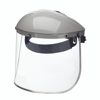 face shield has abs injection molded crown with ratcheting headgear and aluminum bound polycarbonate window