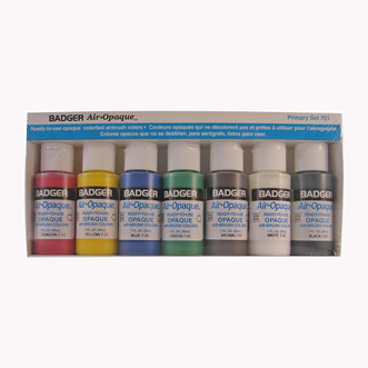 set of seven badger air-opaque paints in crimson, yellow, blue, green, brown, black and white