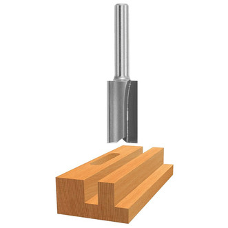 graphic of Bosch micrograin 1/2" Carbide-Tipped double flute straight Router Bit displayed atop example piece of wood