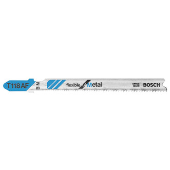 blue and silver bosch 3" t-shank bi-metal jig saw blade with 24 tpi for making straight cuts in thin material