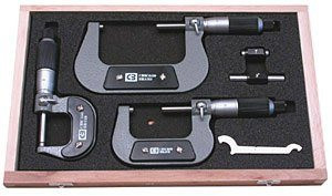 Chicago Brand 0-3" Outside Micrometer Set with Carbide tips, calibration wrench, gauge blocks, vertical case