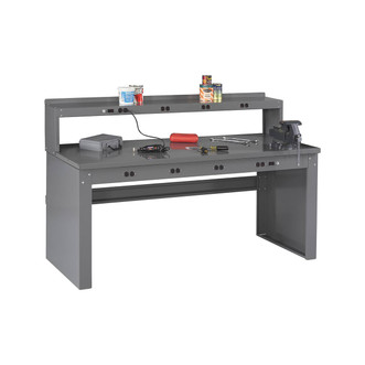Tennsco Electronics Work Bench w/stringer, outlet panel & electronic riser, 6'W x 30"D x 33-1/2"H, Steel Top