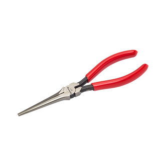 7" long needle nose pliers made of steel have polished head and red non-slip cushion grip handles