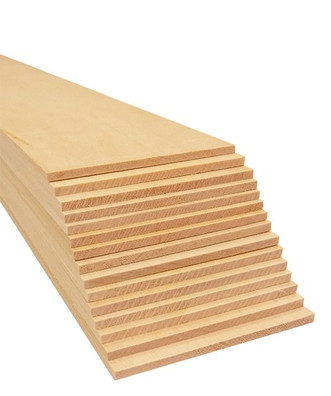 tiered stack of 1/8" x 3" x 24" Bud Nosen basswood sheets for architectural or engineering models