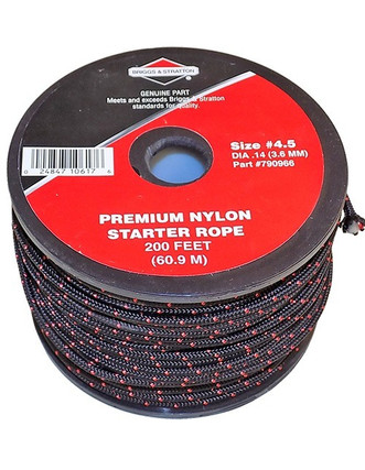200 foot spool of black and red briggs & stratton premium nylon starter rope in size #4.5 has 3.6mm diameter
