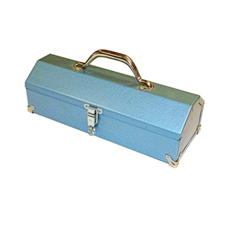 simple metal tool box with shiny steel handle, padlock front clasp, and nickel-plated corners