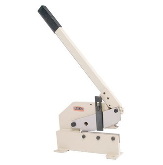 off-white 8" bench-mounted multi-purpose manual sheet metal shear with adjustable material hold down