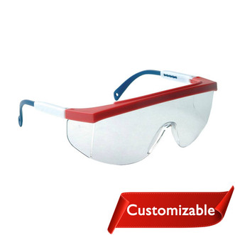 Radians Galaxy™ safety glasses have 1-piece clear lens with side shields and Red/White/Blue frame
