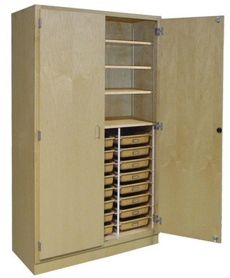 tall brown cabinet with two doors showing three upper shelves and three lower columns each with 8 plastic tote trays