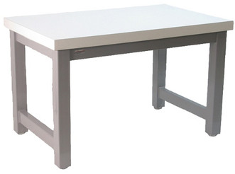 work bench with gray legs and frame supporting white rectangular top made from 18 gauge grade 304 stainless steel
