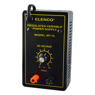 upright rectangular black Variable Voltage Power Supply Kit from elenco with yellow text and dc voltage knob