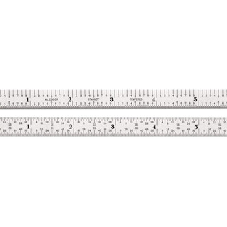 close up of each side of a white, flexible, steel 6" ruler with markings for 10th, 100ths, 32nds, and 64ths