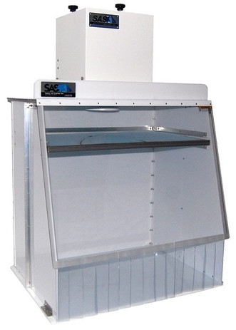 large clear booth with 30" clearance inside and HEPA filters for controlling aerosol sprays