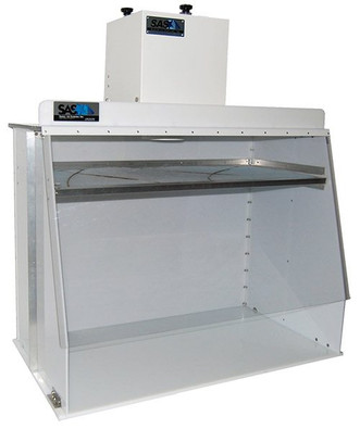 large clear booth with 40" clearance inside and HEPA filters for controlling aerosol sprays