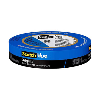 roll of blue 3m scotchblue painter's tape wrapping in protective plastic blue and white packaging with text
