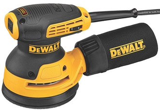black and yellow dewalt 3 amp variable speed random orbit 5" palm sander with black cord and dust bag