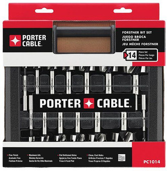 red and black cardboard box contains black molded storage case for 14 silver forstner bits