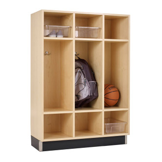 three section maple wood locker with two cubbies, large storage space, and black rubber base molding