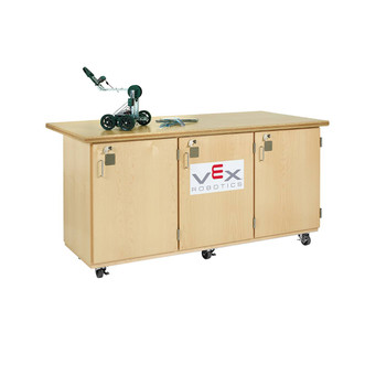Maple plywood workbench with 3 storage compartments on swivel casters and VEX Robotics label on front