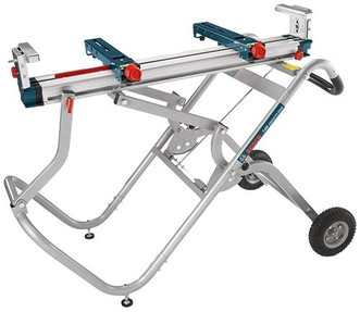 steel bosch gravity-rise wheeled miter saw stand has integrated rubber wheels, supports 18' of material