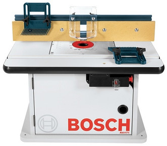 white Bosch Laminated Router Table with aluminum fence and mounting plate, adjustable mdf face plates